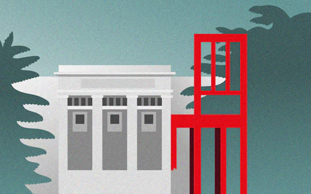 Grafische Darstellung des «Broken Chair» gegenüber dem Palais des Nations in Genf, einer Holzskulptur des Schweizer Künstlers Daniel Berset, als Mahnmal gegen Antipersonenminen.