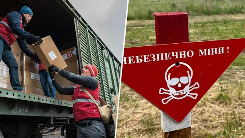 Zwei Bilder stehen nebeneinander. Auf dem linken Bild laden zwei Männer Schachteln in einen Güterzug, auf dem rechten Bild sucht eine Person Feld nach Minen ab.