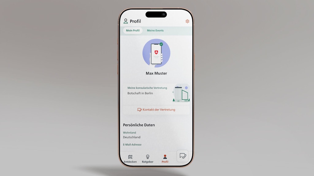 Das Bild zeigt ein Smartphone, auf dem die SwissInTouch App geöffnet ist, auf dem persönlichen Profil.
