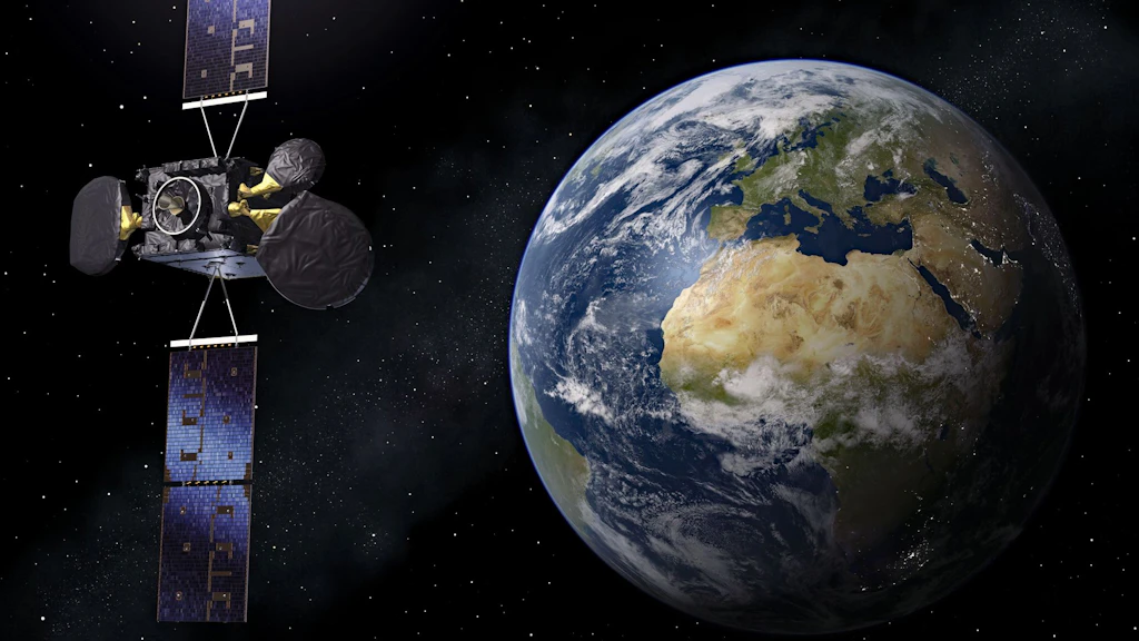 Künstlerische Darstellung von EDRS-C, einem ESA-Airbus-Satelliten zur schnellen Datenübertragung zwischen erdnahen und geostationären Satelliten.