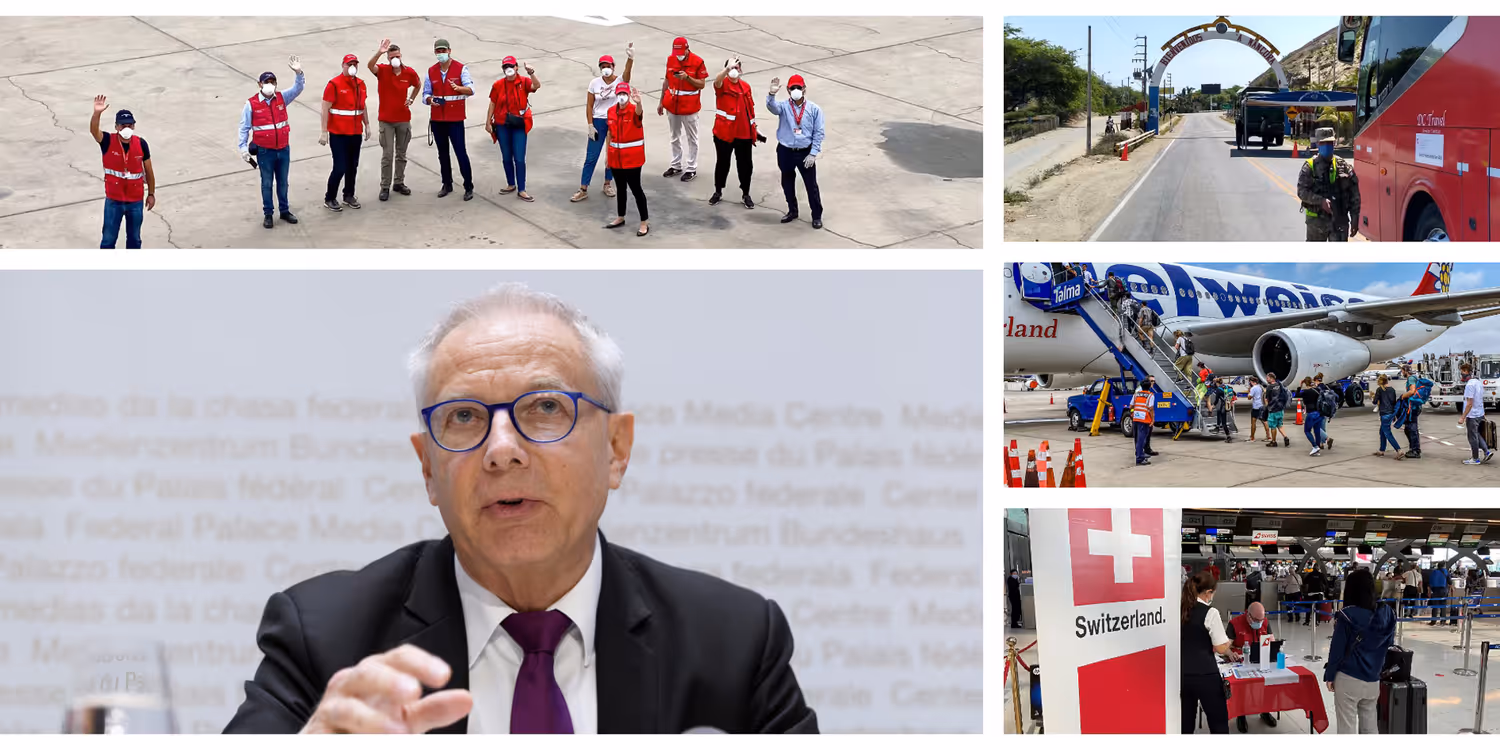 Collage: Johannes Matyassy spricht an einer Medienkonferenz; Mitarbeiter einer Botschaft winken auf dem Rollfeld eines Flughafens; ein von der Schweiz organisierter Bus wird in Peru kontrolliert; blockierte Schweizer Reisende besteigen eine Edelweiss Maschine; ein Mitarbeiter der Schweizer Vertretung in betreut eine Reisende an einem Check-in Schalter. 