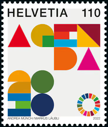 Die Sonderbriefmarke zur Agenda 2030, welche die Schweizerische Post am 5. Mai 2022 veröffentlicht.