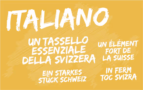 Das Motto «Italienisch: ein starkes Stück Schweiz» in allen vier Landessprachen. Im Hintergrund, ein Abbild der Landeskarte der Schweiz.