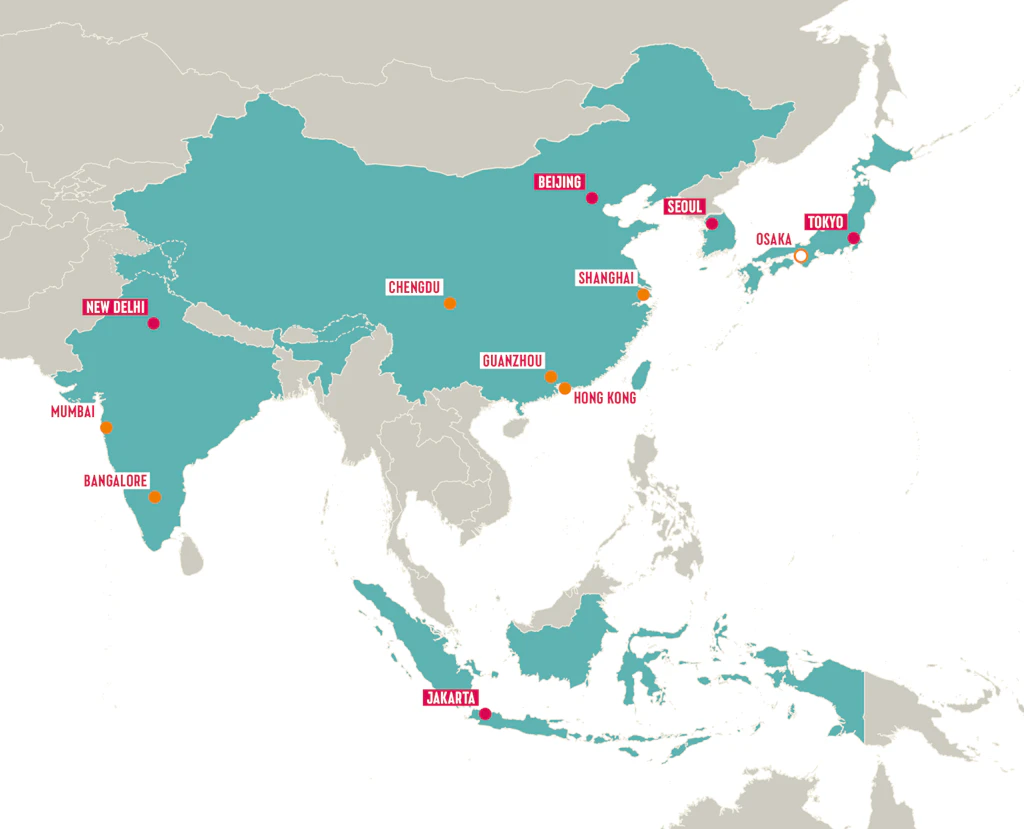 Die Grafik zeigt die Karte der Region mit den fünf G20-Ländern Asiens: China, Indien, Indonesien, Japan und Südkorea.