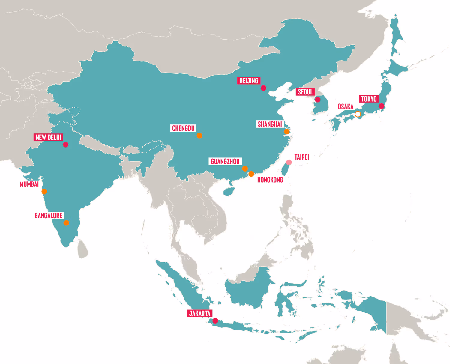 Die Grafik zeigt die Karte der Region mit den fünf G20-Ländern Asiens: China, Indien, Indonesien, Japan und Südkorea. 