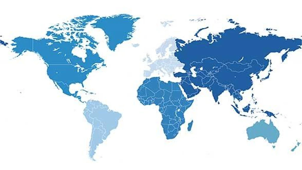 Weltkarte mit sechs Kontinenten (Afrika, Asien, Australien und Ozeanien, Europa, Nordamerika, Südamerika, ohne Antarktika). 