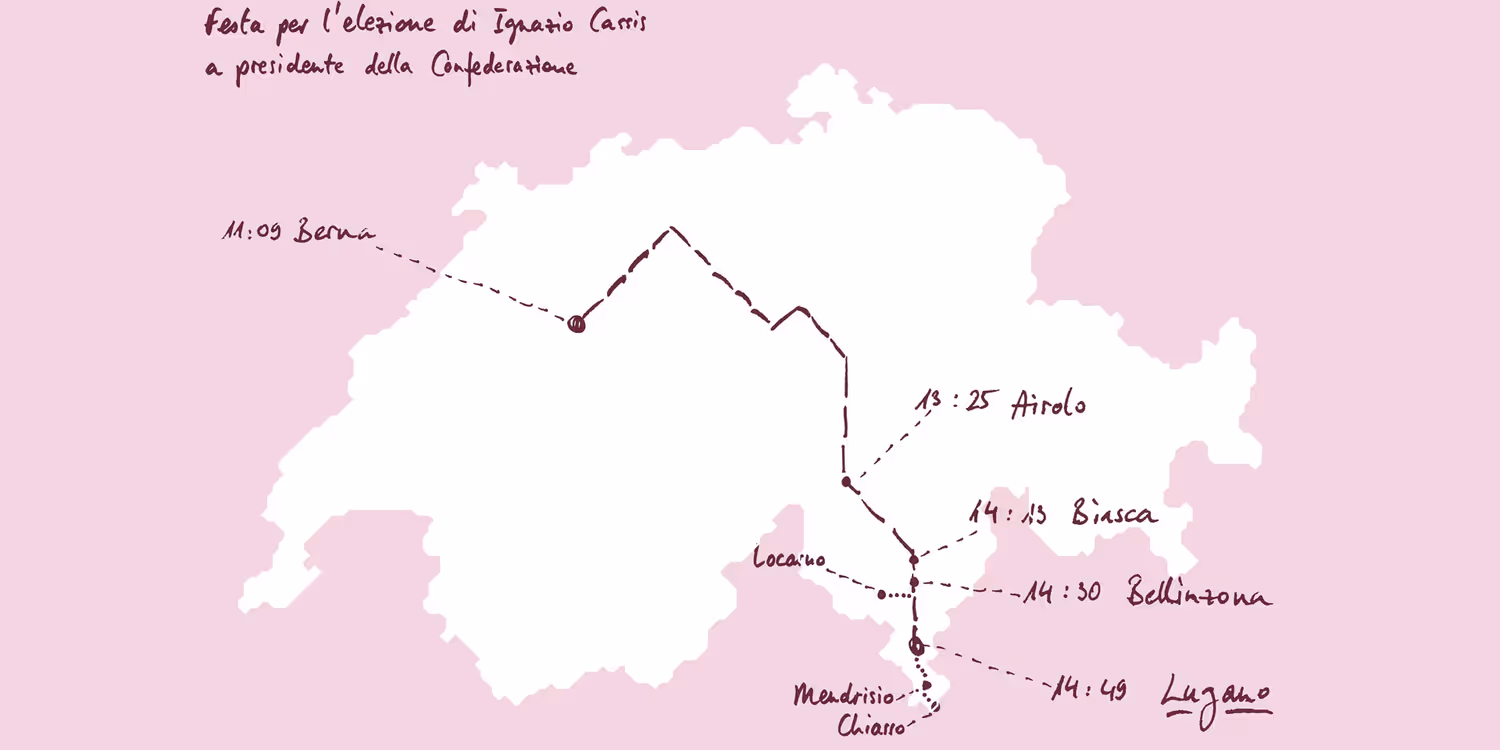 Eine Schweizerkarte zeigt die Reiseroute von Bundespräsident Cassis sowie die Gemeinden, die an den Feierlichkeiten teilnehmen werden. 