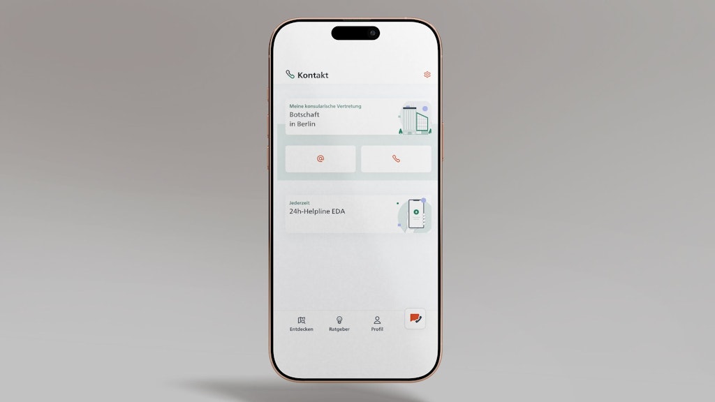 Das Bild zeigt ein Smartphone, auf dem die Seite «Kontakte der Vertretung» der App SwissInTouch geöffnet ist.