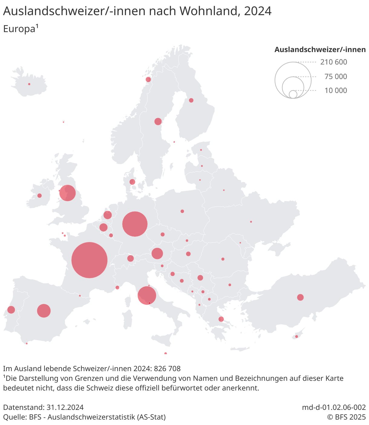 Eine Europakarte zeigt die Anzahl Auslandschweizerinnen und Auslandschweizer nach Wohnland.