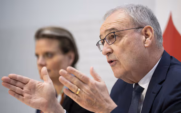 Bundesrat Guy Parmelin während einer Medienkonferenz des Bundesrates über die Gutheissung und vorläufige Anwendung des EU-Programmabkommens