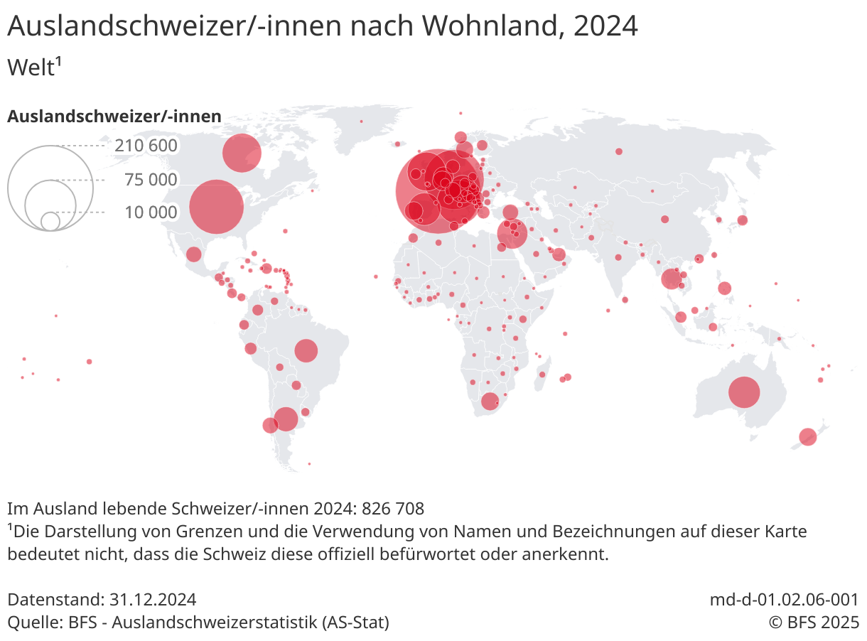 Eine Weltkarte zeigt die Anzahl Auslandschweizerinnen und Auslandschweizer nach Wohnland.