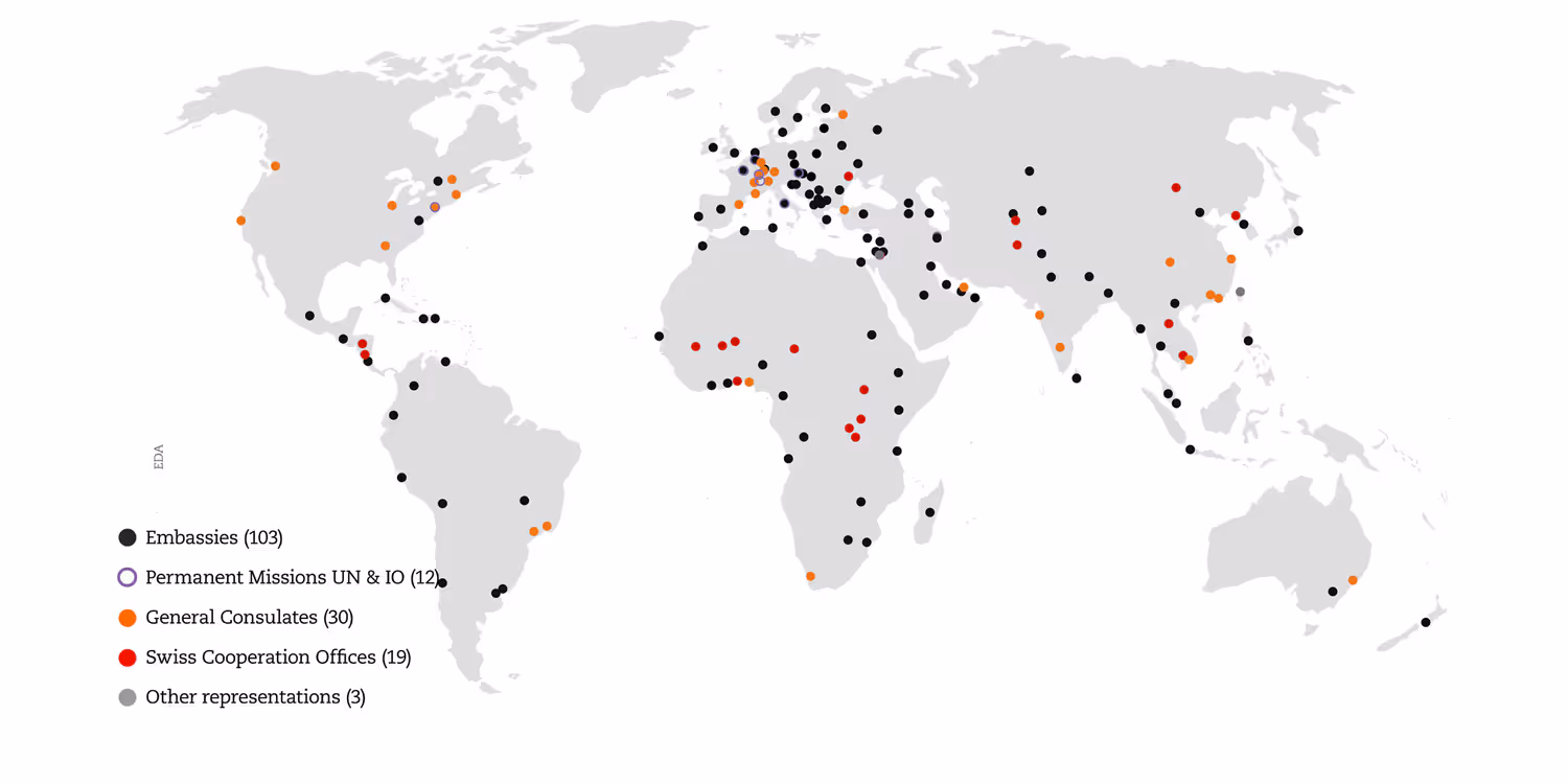 World map with FDFA representations abroad