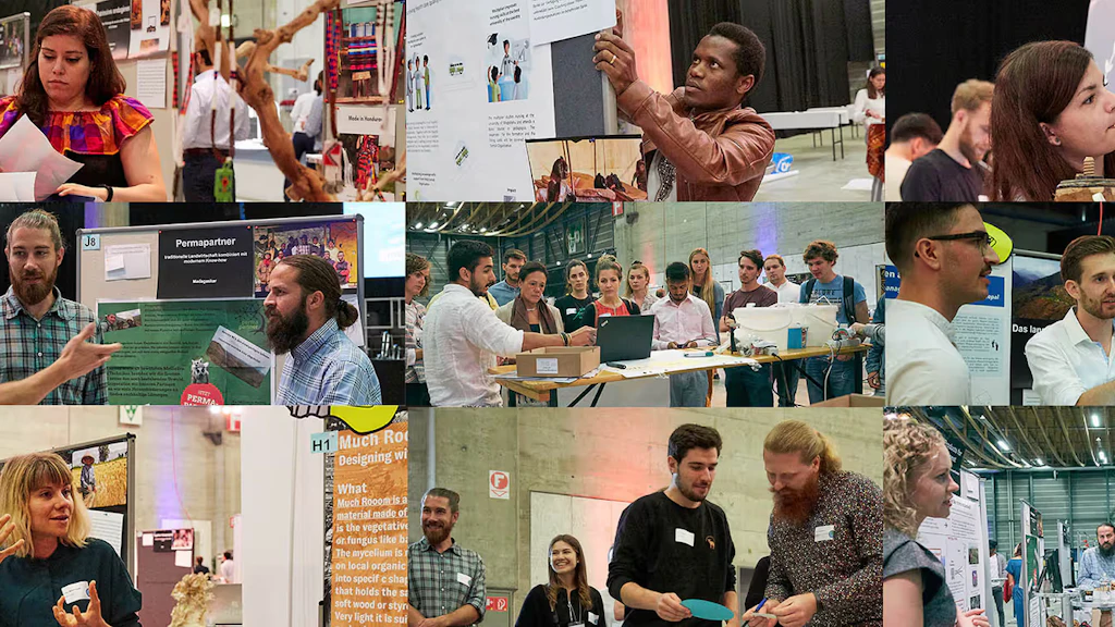 A collage of nine images shows motivated young people – alone and in groups – who are presenting their projects and engaged in conversation.