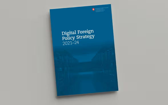 The picture shows a mock-up of the Federal Council's Digital Foreign Policy Strategy.