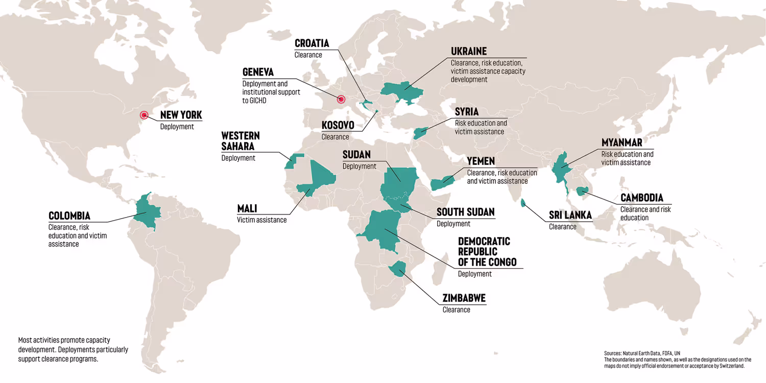 A world map with the countries marked where Switzerland provided support in humanitarian demining in 2024.