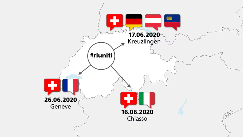 Map of Switzerland showing which national representativesFederal Councillor Cassis will be meeting and where. In Chiasso he meets the Italian Foreign Minister. In Kreuzlingen he will meet representatives of Austria, Liechtenstein and Germany, and in Geneva, a representative of France.