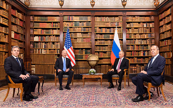 The Villa La Grange library with US Secretary of State Anthony Blinken, US President Joe Biden, Russian President Vladimir Putin and Russian Foreign Minister Sergei Lavrov (from left to right).