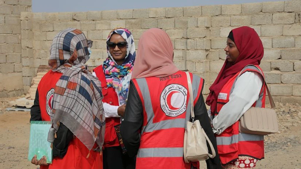 Volunteers from the Sudanese Red Crescent Society at the refugee camp in Port Sudan.  