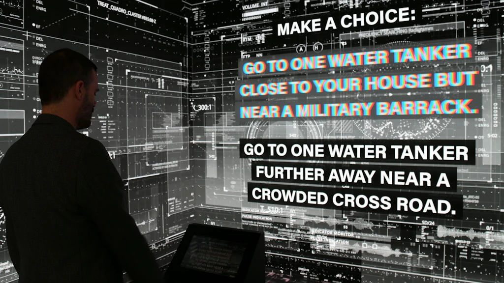A man stands in front of a screen simulating a digital environment. 