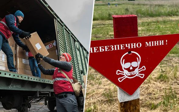 Two pictures next to each other. In the left-hand picture, two men are loading boxes onto a goods train; in the right-hand picture, a person is searching a field for mines.