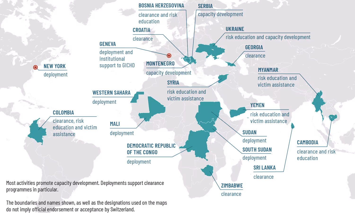 World map indicating countries where Switzerland is engaged in mine action.