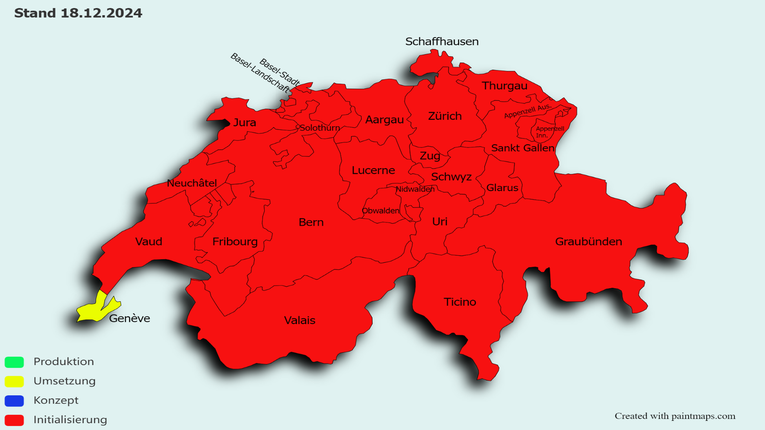 The map shows all of Switzerland’s cantons. Those in red have already adopted the electronic interface.