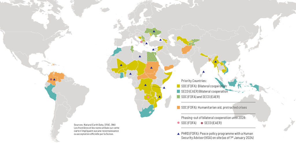 The map shows the priority countries as set out in Switzerland’s International Cooperation Strategy 2025-2028.