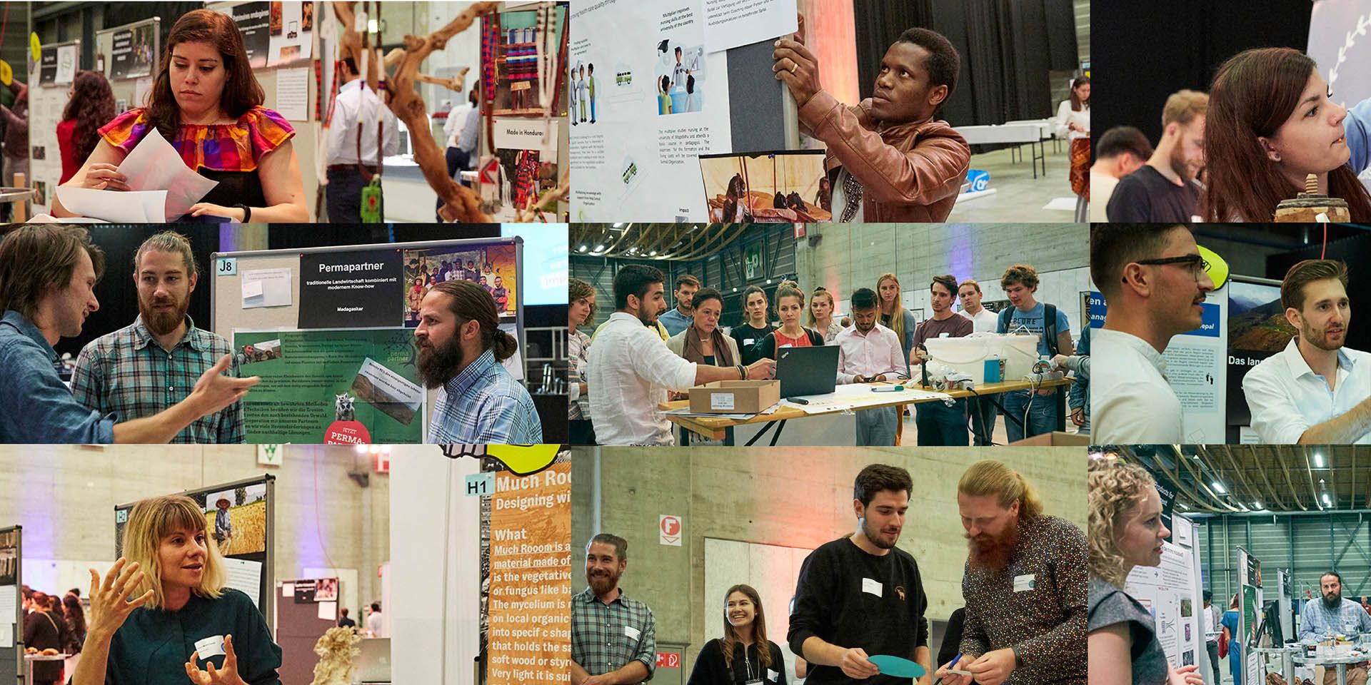 Nine image details showing committed young people – in groups or alone – presenting their projects and in conversation.