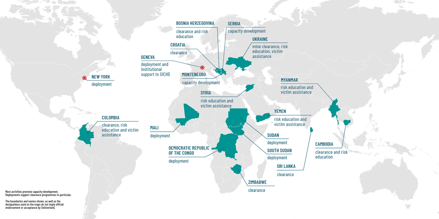 Map showing the countries in which Switzerland is active in humanitarian demining.