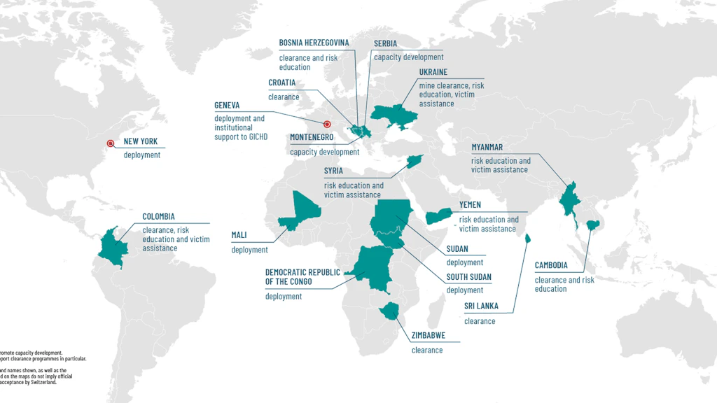 Map showing the countries in which Switzerland is active in humanitarian demining.