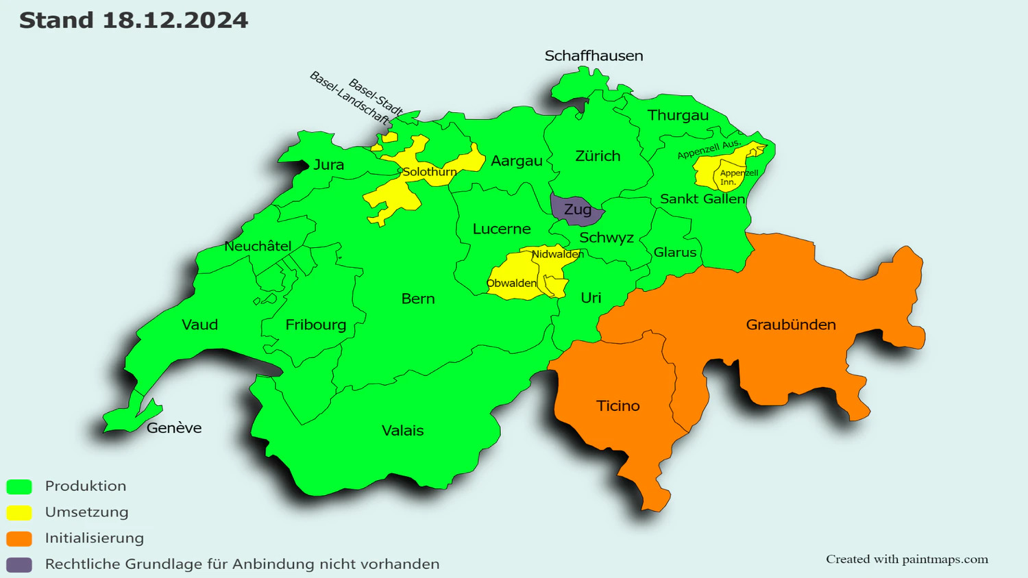 Map of Switzerland showing the status of the electronic notification system in different colours.