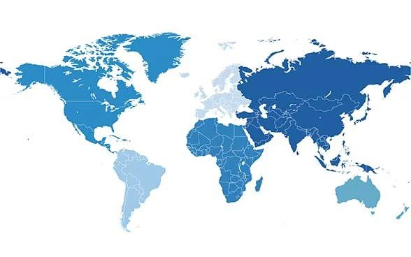 World map with six continents (Africa, Asia, Australia and Oceania, North America, South America, without Antarctica).