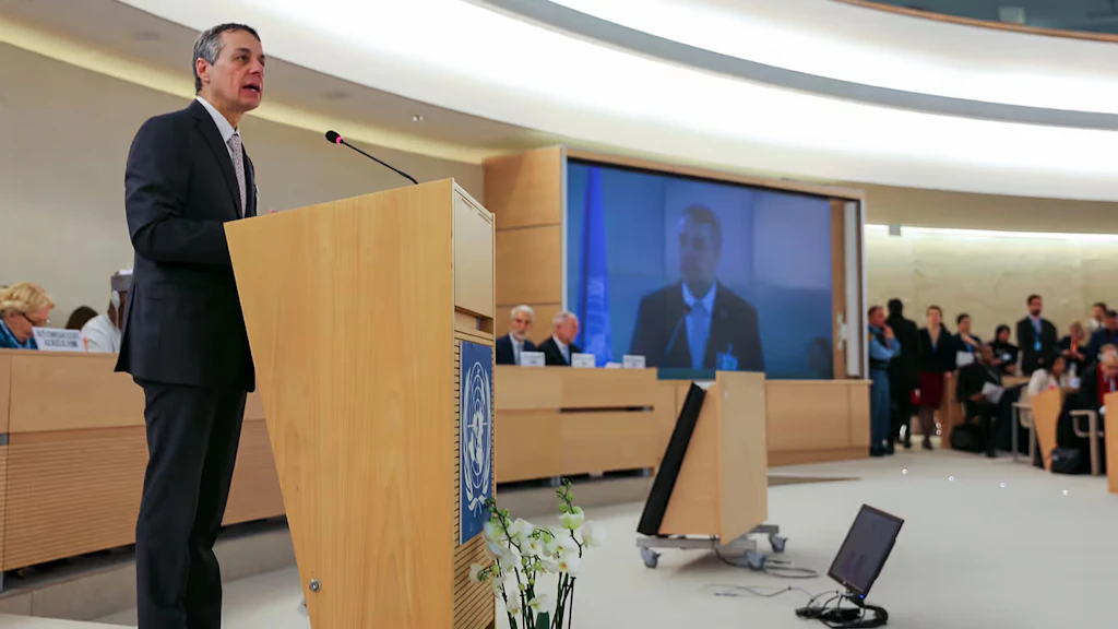 The Minister addresses the members of the Human Rights Council in Geneva.