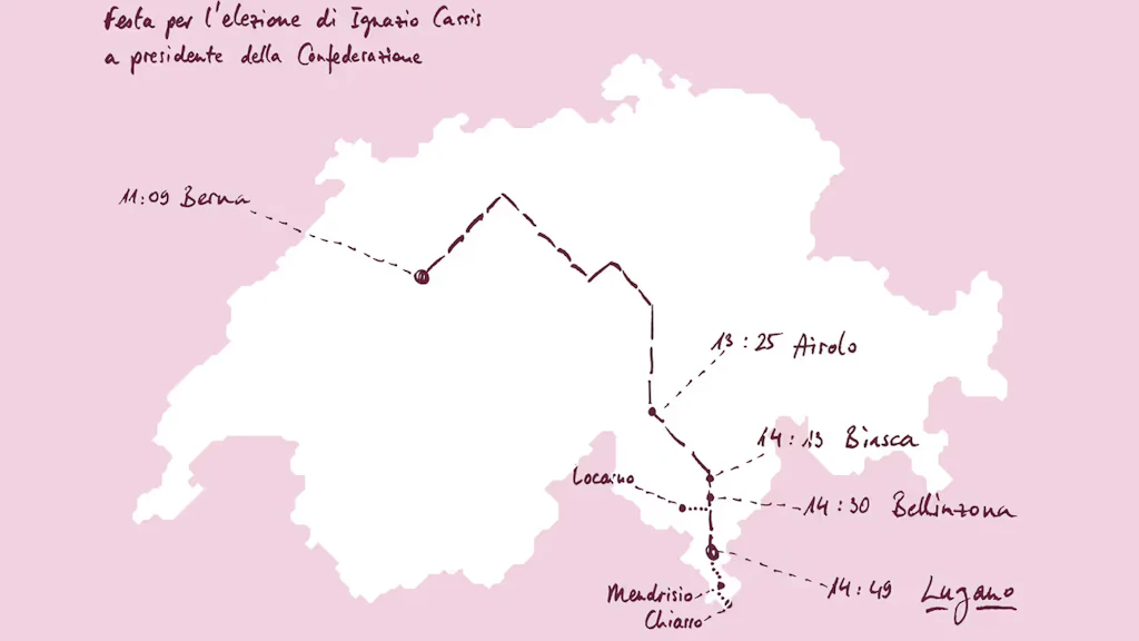 A map of Switzerland shows the route of President Cassis' trip as well as the municipalities that participate in the celebrations.
