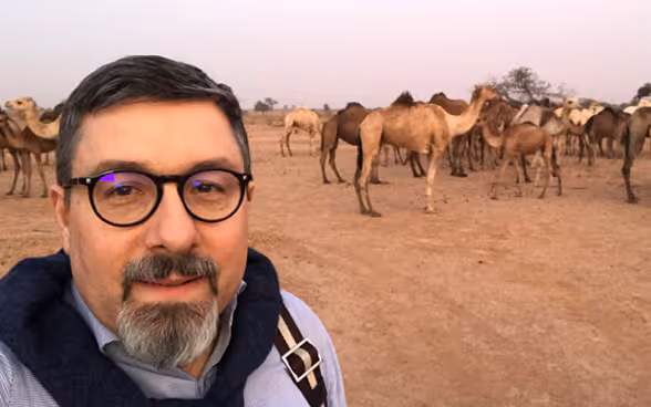 A man's face in the foreground, with a herd of dromedaries in the background.