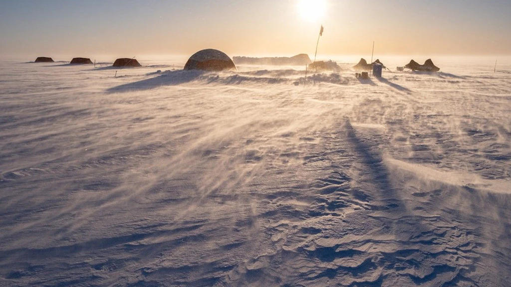 Image of an isolated research camp on the Greenland ice cap as part of the HI-SLIDE project.
