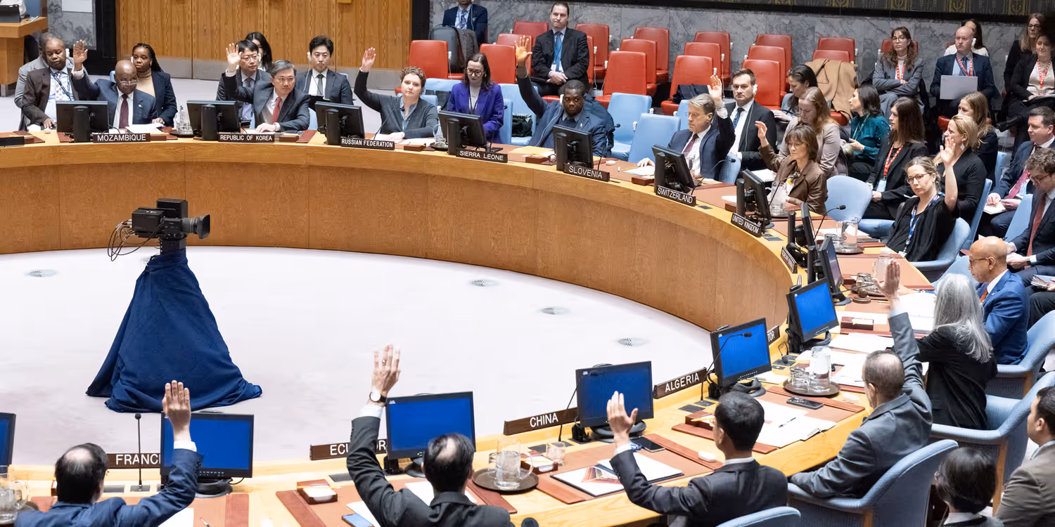 The UN Security Council voting on the resolution establishing humanitarian exemption rules for all UN financial sanctions on 6 December 2024.