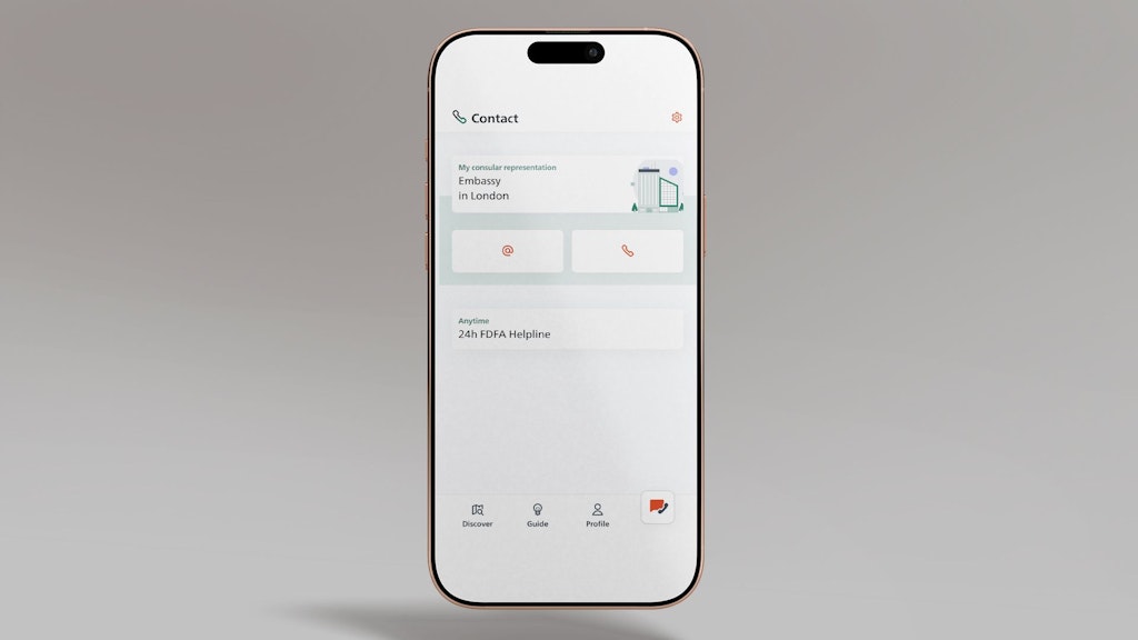 The image shows a smartphone on which the SwissInTouch app is open on the representation contact details page.
