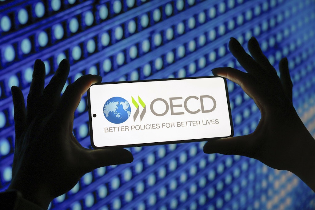 This photo illustration shows the OECD logo on a smartphone screen. 