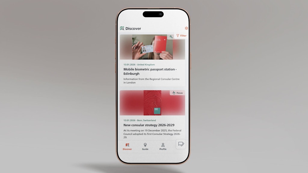 The image shows a smartphone showing the newsfeed of the SwissInTouch app, in which two posts are visible.