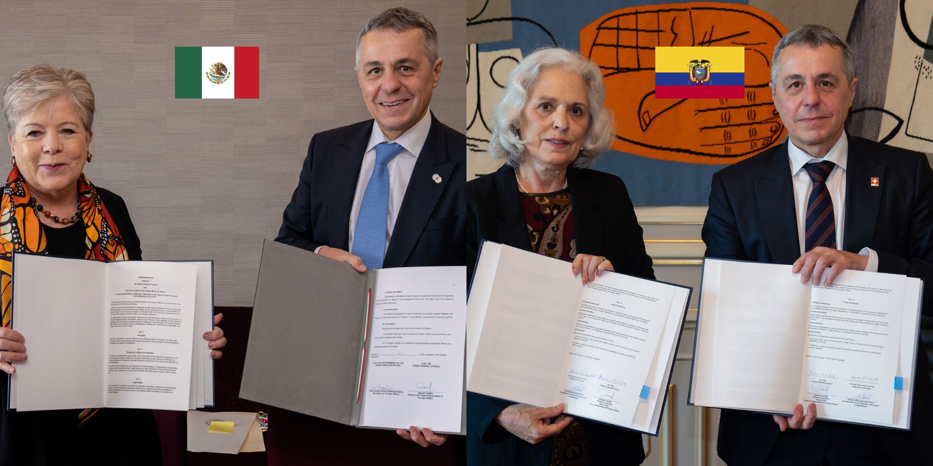 Montage d'images de la signature des accords pour le mandat de puissance protectrice au Bürgenstock et à Berne.