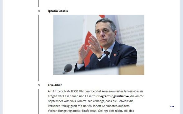 Un extrait de l’intranet montre une photo du conseiller fédéral Ignazio Cassis lors de sa participation au live chat du journal 20 minutes