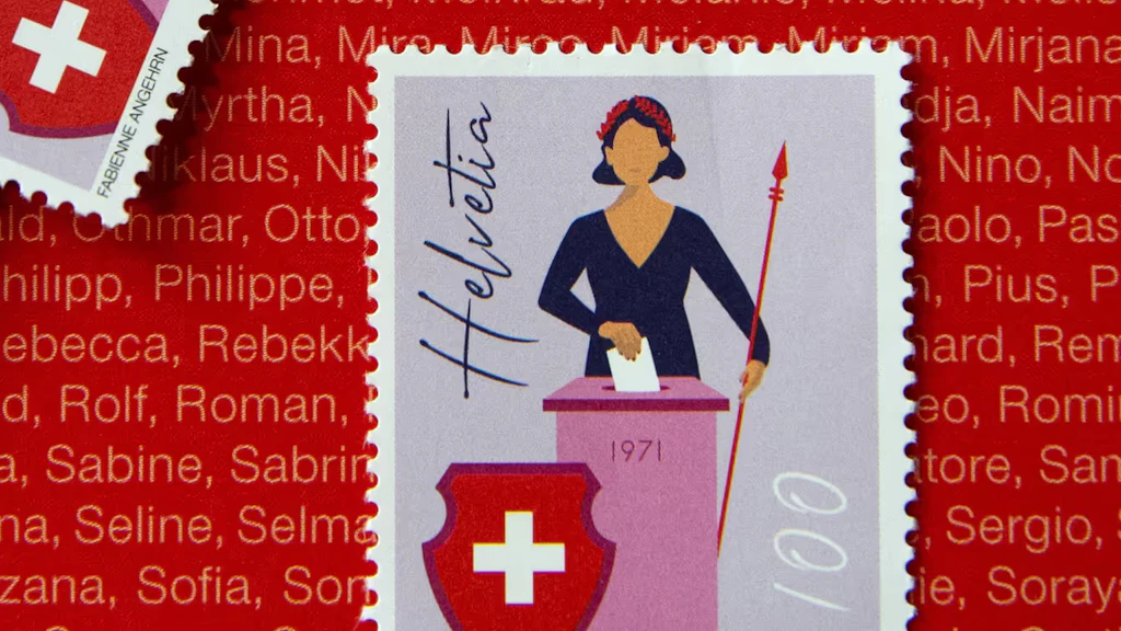 Timbre suisse émis à l’occasion de l’anniversaire des 50 ans du droit de vote et d’éligibilité des femmes.