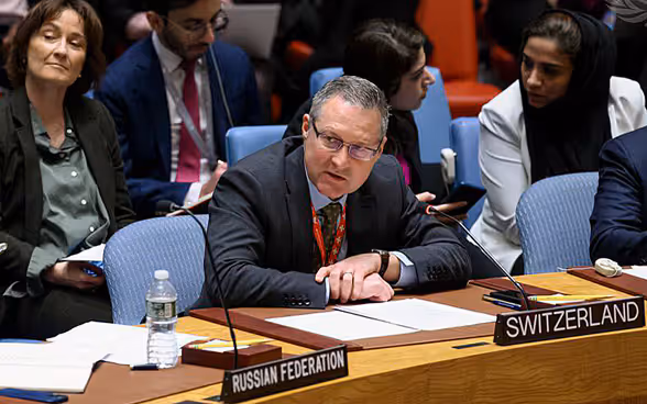 Thomas Gürber s'exprime à la table en fer à cheval du Conseil de sécurité de l'ONU à New York. 