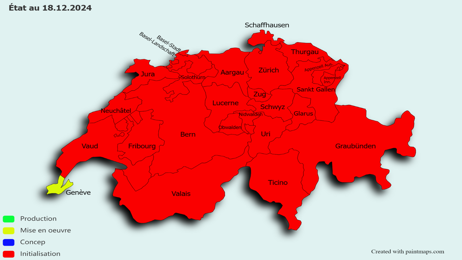 L’image représente l’ensemble des cantons suisses. En rouge apparaissent ceux qui ont déjà adopté l’interface électronique.