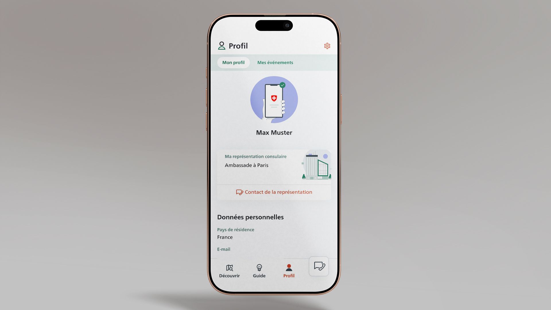 L’image montre un smartphone sur lequel l’application SwissInTouch est ouverte sur la page du profil personnel.