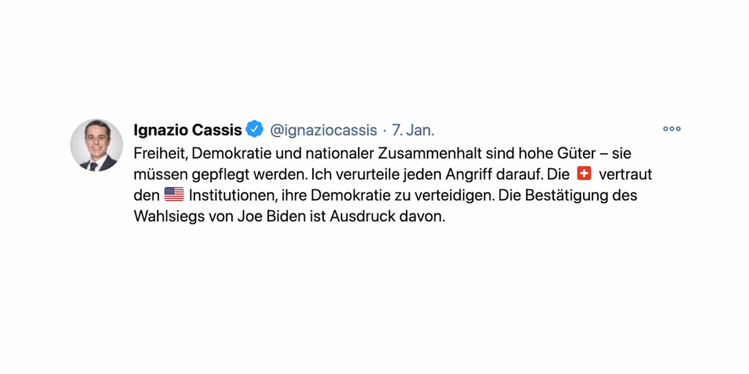 Capture du tweet publié par le conseiller fédéral Cassis suite aux événements de Washington.