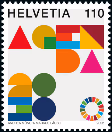 Le timbre spécial sur l’Agenda 2030 émis par la Poste Suisse le 5 mai 2022.