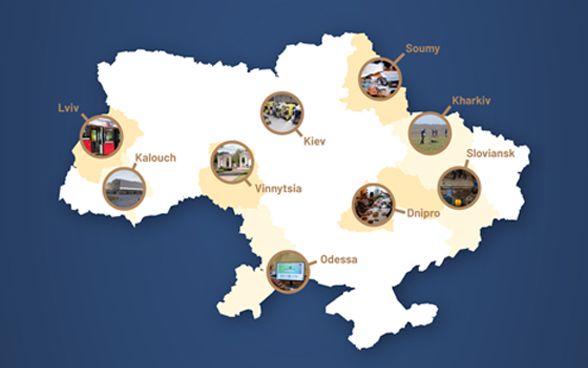 Représentation de la carte interactive sur le soutien de la Confédération aux personnes affectées par la guerre en Ukraine.