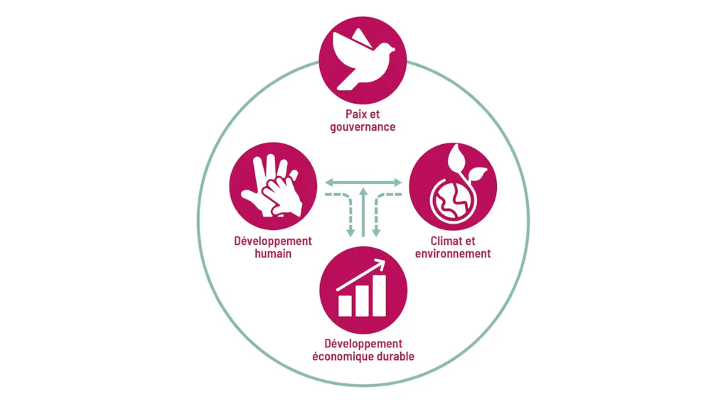 Figure représentant les quatre objectifs de développement: développement humain, développement économique durable, climat et environnement, paix et gouvernance.